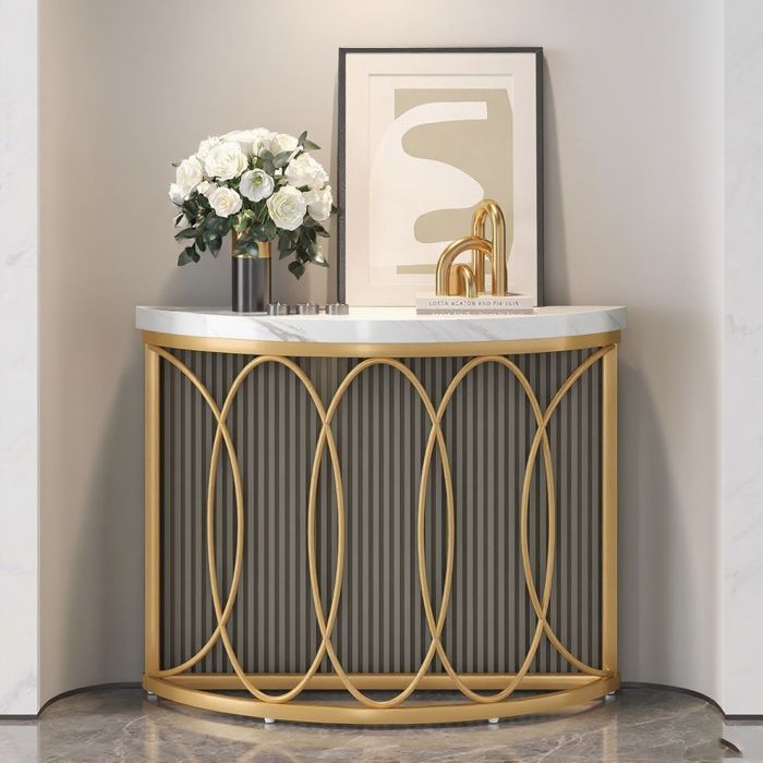 Table console en métal - 110 × 35 × 80cm - Table Console demi-cercle – Plateau de table imitation marbre - Or/blanc - table de hall