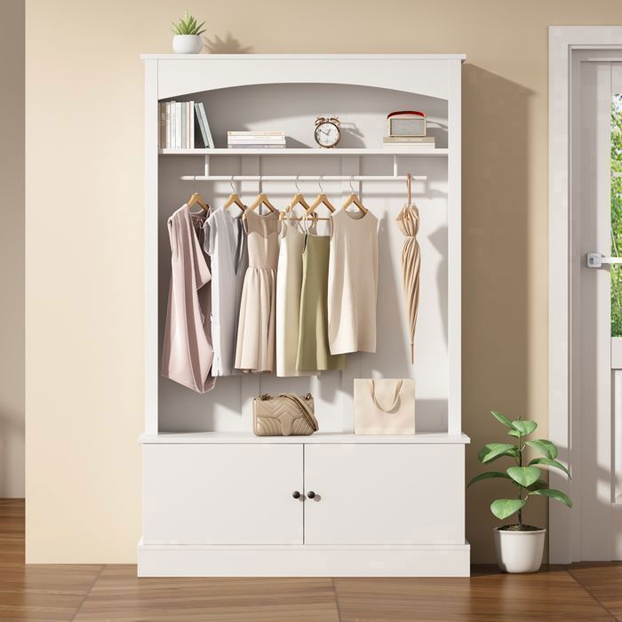 Vestiaire d’entrée Blanc Multifonction avec Penderie Banc à Chaussures Étagères Réglables et Armoire de Rangement Vestiaire d’entrée Blanc Multifonction avec Penderie Banc à Chaussures Étagères Réglables et Armoire de Rangement