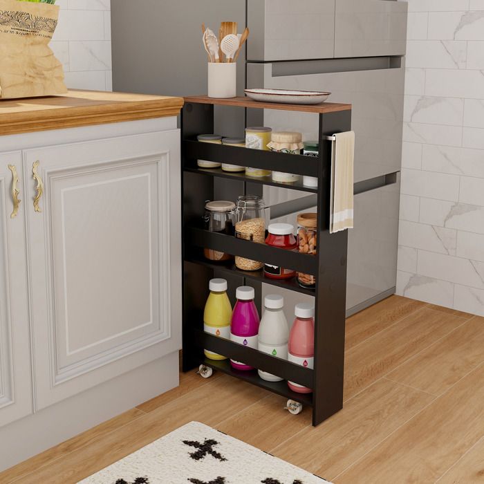 GIANTEX Chariot de Service Étroit avec Roulettes à 4 Niveaux-Desserte de Cuisine avec Poignée-13 cm-Salle de Bain-Noir+ Brun
