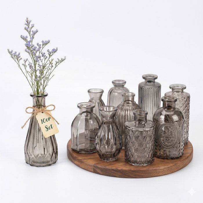 Relaxdays Vases ensemble de 10 texturés style vintage verre H : 10-14 7 cm petites vases décoratifs gris