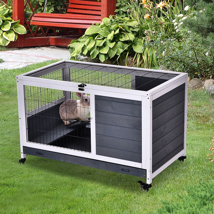 Clapier Cage à Lapin sur Roulettes Toit Ouvrant Rampe Tiroir à Déjection Amovible 90 x 53 x 59 cm Gris Blanc