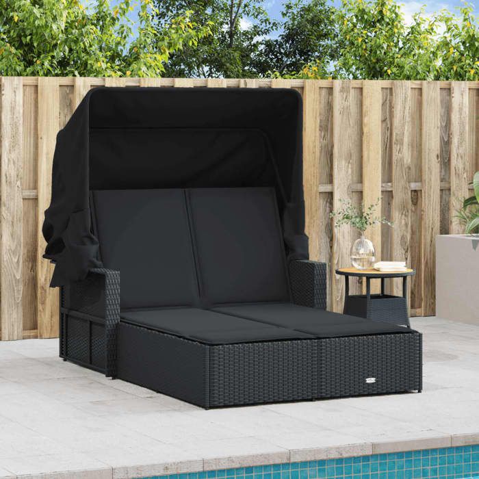Desginer Chaise longue/Lit de repos - SOLOMON - Pour jardin - double places - et auvent et coussins - noir résine tressée CC793