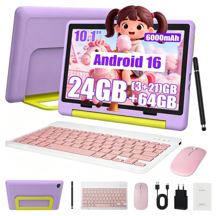 Tablette 10.1 Android 16 pour enfant - KOTSREN - 24Go (3+21) RAM - 64Go ROM extensible 1To - 6000mAh - WiFi 6