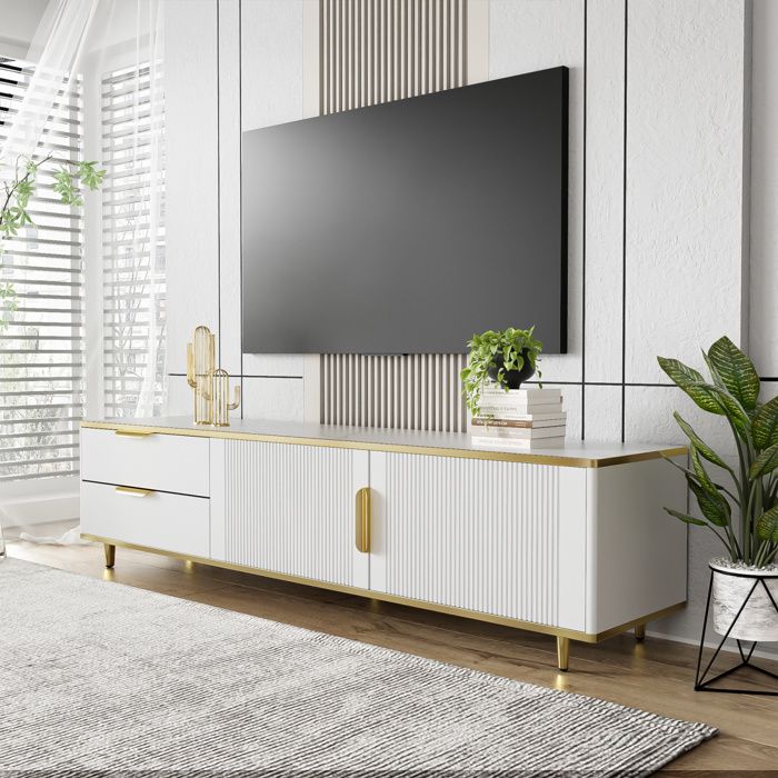 Meuble TV - Modèle 175 cm - 2 tiroirs & 2 portes - Blanc et or - Effet marbre