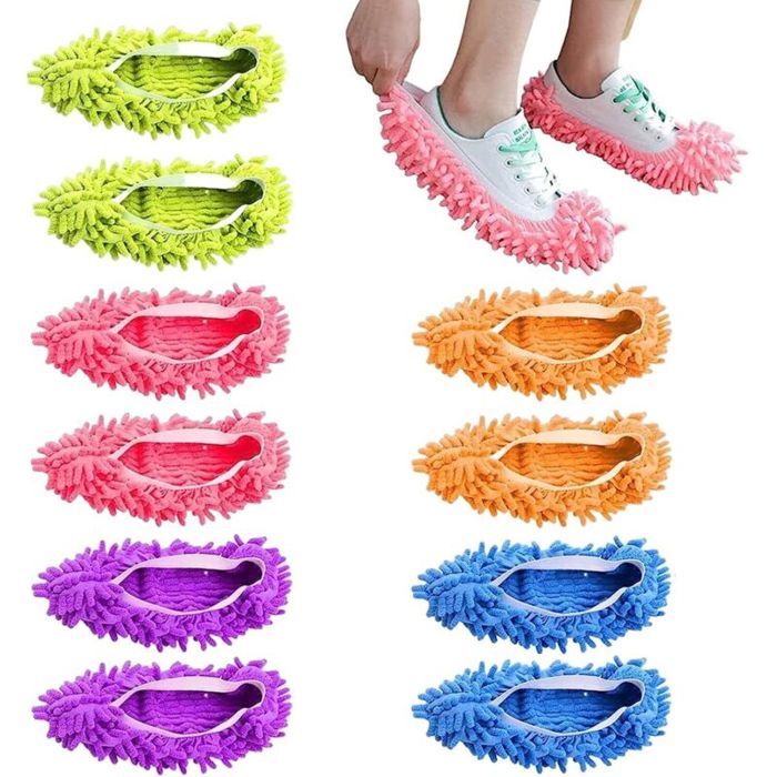 5 Couleurs 5 Paires Chaussons Mop Microfibre Poussière Mop Chaussures Lavable et Réutilisable Chaussons de Nettoyage pour La