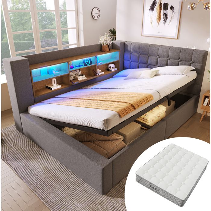 MEUBLIV Lit coffre capitonné 140x200cm avec tête de lit de rangement en L et éclairage LED lin gris sans fond matelas inclus