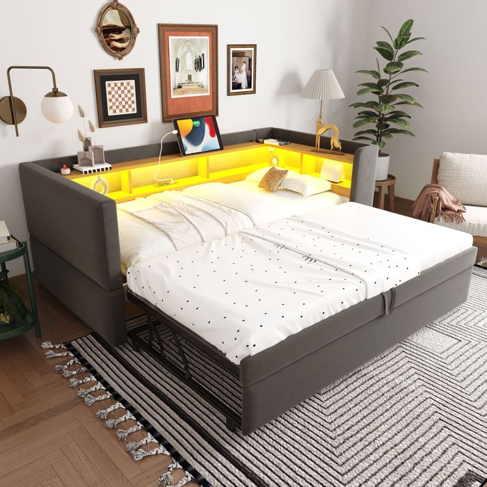 Canapé-Lit 90 x 190 cm avec Lit Gigogne avec LED et Prise Electrique Lit Rembourré avec Rangement pour 2 Place Flannel Gris Foncé