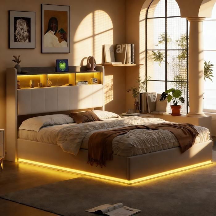 Lit Adulte Double 140x190 cm Lit Coffre 140x190 avec Sommier Port USB et Éclairage LED  Lit Rembourré 2 Personnes Velours Blanc