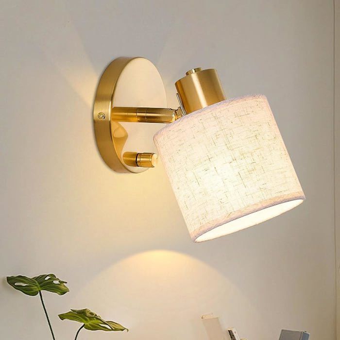 Applique Murale Intérieure Dimmable avec Interrupteur Lampe Murale Dorée avec Abat-jour en Lin Beige Applique Doré-linen