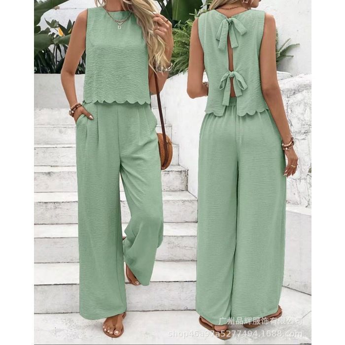Ensemble femme 2 pièces : débardeur de sport sans manches et pantalon long décontracté pour l’extérieur-Vert clair
