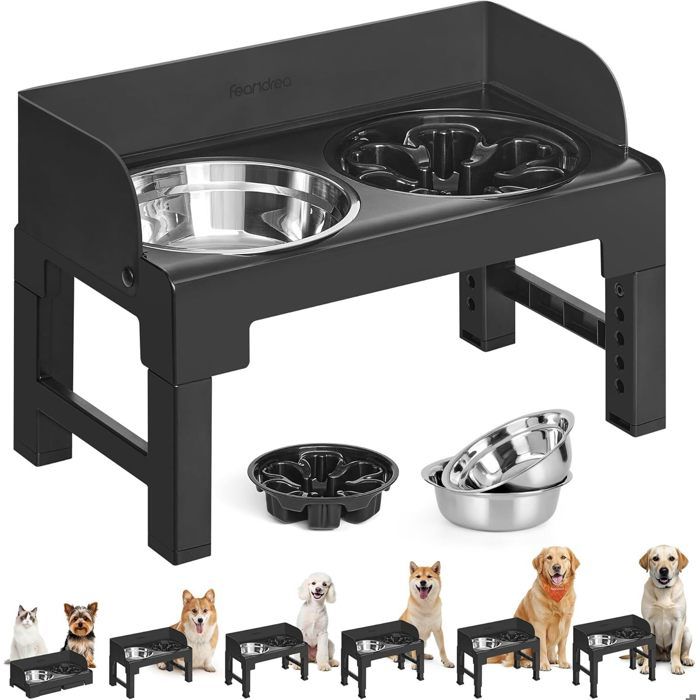 Bols sur Pied pour Chien - Réglable en Hauteur et Inclinable - avec 2 Bols Acier Inox 304 et 1 Bol Anti-Glouton Noir Encre