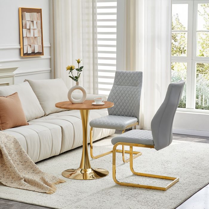 Ensemble table et chaises - Table ronde 60 cm - MDF et métal - Gris clair - Pied doré - Motif losange - Cuir PU
