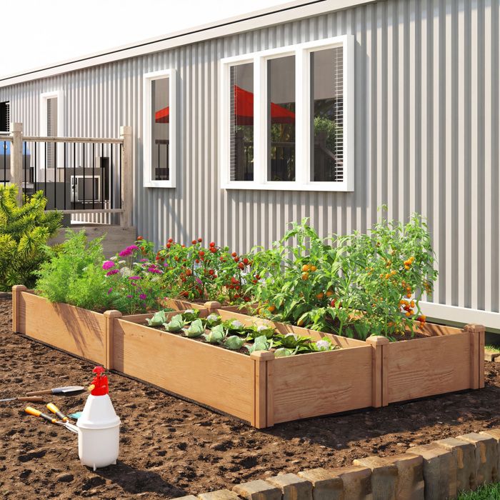 Carré Potager en Bois Lit de Jardin Surélevé 4 Zones de Culture Fond Ouvert Montage sans Outil 234x109x25cm Marron Clair