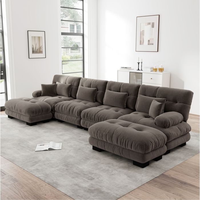 Canapé d’angle modulable 4 places marron en chenille, ottomans mobiles ...