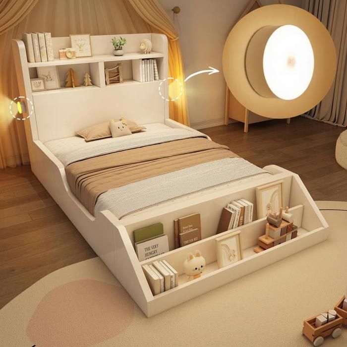 Lit simple en bois 90x200 cm avec étagères veilleuses Lit enfant avec bibliothèque amovible et sommier à lattes Blanc