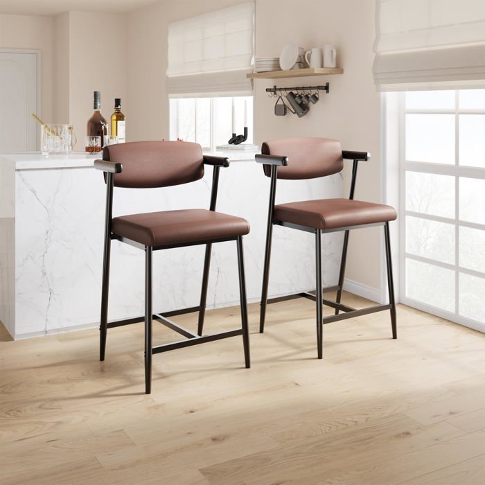 Chaise de bar en similicuir - LUNSY - Assise 47x41 cm - Marron - Motif litchi - Dossier ergonomique - Charge 150 kg