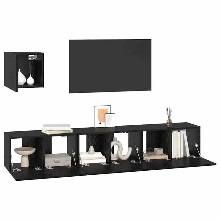 Cabinet TV - Noir - SWEETY®Set de Meubles TV Modernes mural - Armoire télé - 4 pcs - Chêne noir - bois dingénierie1183685