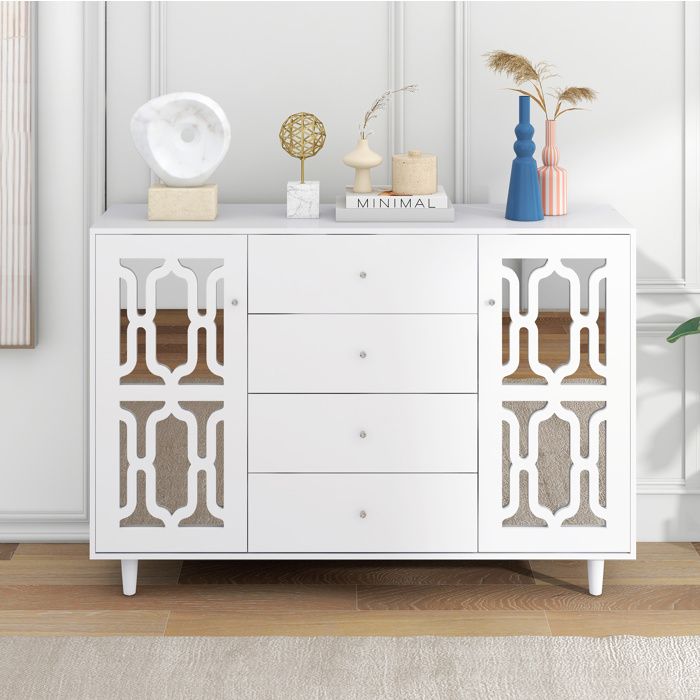 Buffet blanc effet miroir avec 4 tiroirs et 2 portes pour salon et salle à manger
