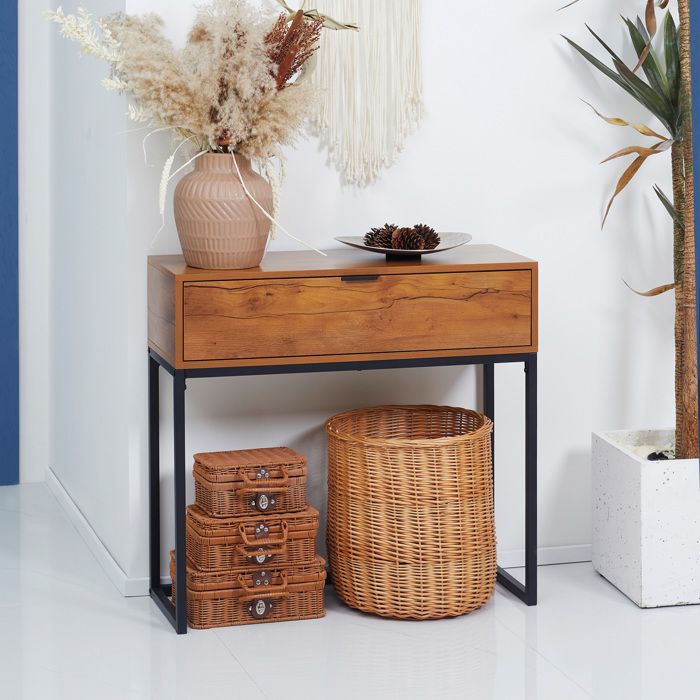 MOTHINESSTO3462-Console meuble table console avec tiroir et pieds en acier pour salon entrée couloir 80 x 30 x 76 cm marron