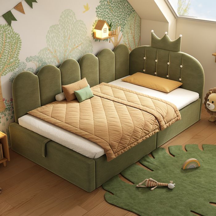 Bladez - Lit coffre 90x190 cm lit enfant lit simple avec hydraulique design couronne et grille velours pour enfant - vert