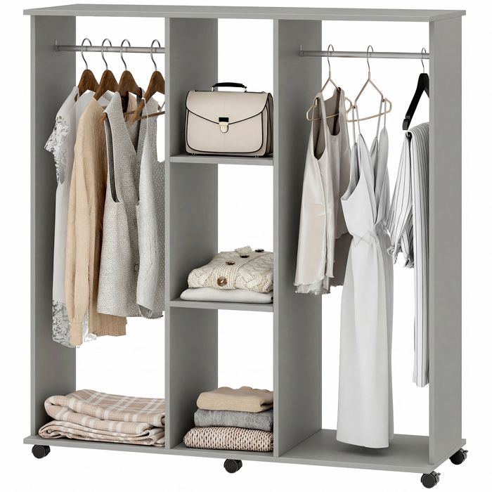 LIA Armoire penderie meuble de rangement mobile 6 roulettes 120 x 40 x 128 cm en bois gris