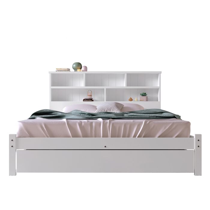Lit double - blanc - tête de lit bibliothèque - 140 x 200 cm - tiroirs de rangement - bois et MDF