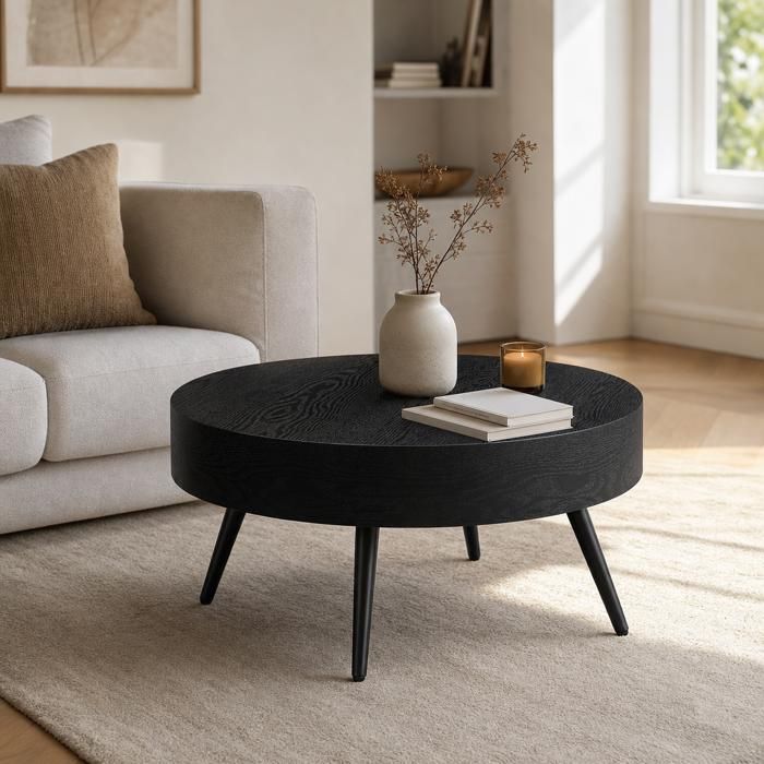 Table basse ronde - Zephmum - bois noir pieds métal noir Ø70 cm
