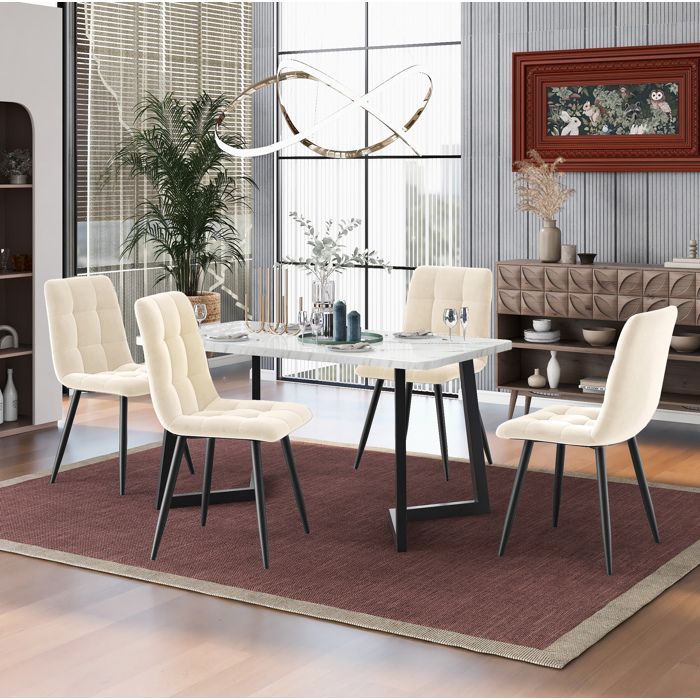 Ensemble table à manger rectangulaire 117x68cm avec 4 chaises beige plateau MDF effet marbre pieds métal noirs