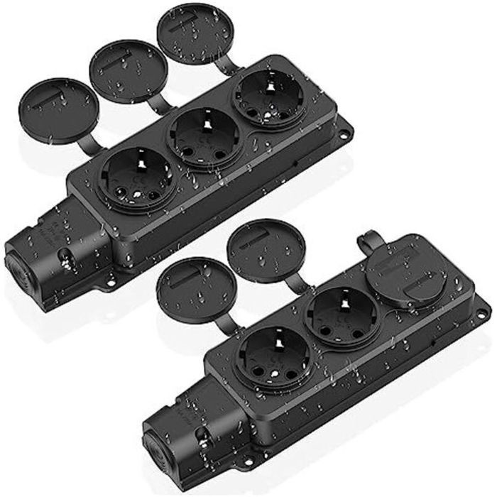 Multiprise extérieure IP54 - 3 voies étanches Protection enfants et couvercles - Jardin et usage industriel - Noir 230V