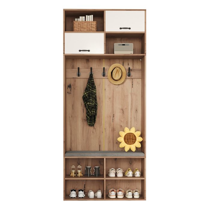 Vestiaire d’entrée – Meuble d’entrée avec banc d’assise 5 crochets 2 portes 6 rangements ouverts – Blanc/Naturel