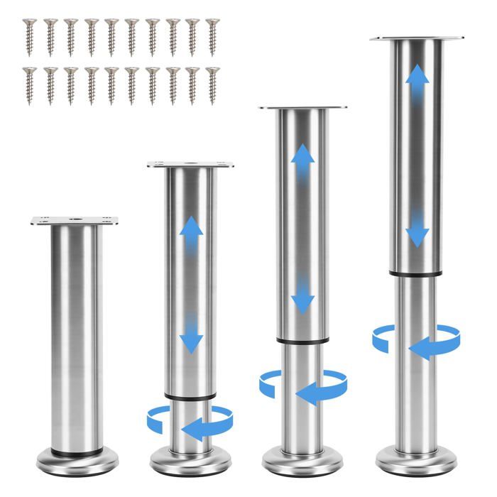 Lot de 4 pieds meuble réglables inox 18-30cm pour table lit TV canapé. Meoiruery