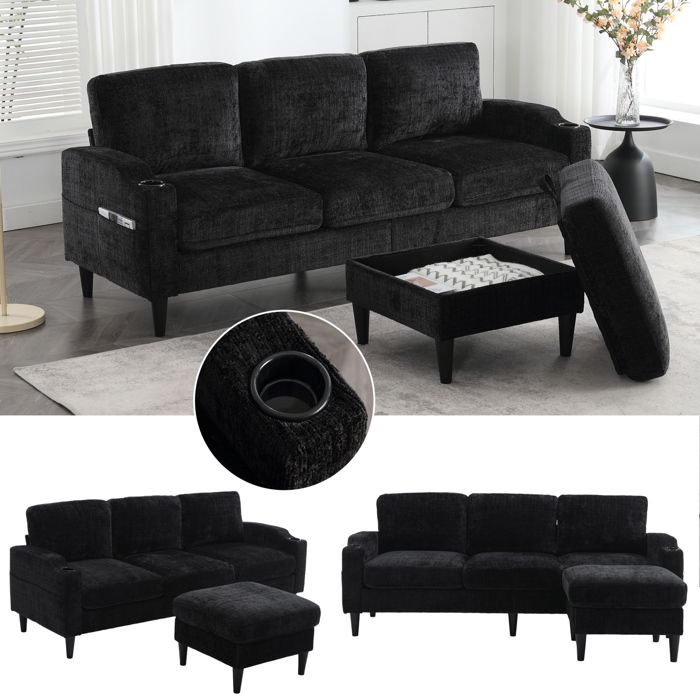 HOMVRA canapé fixe 4 places avec pouf coffre chenille noire porte-gobelets et poches latérales