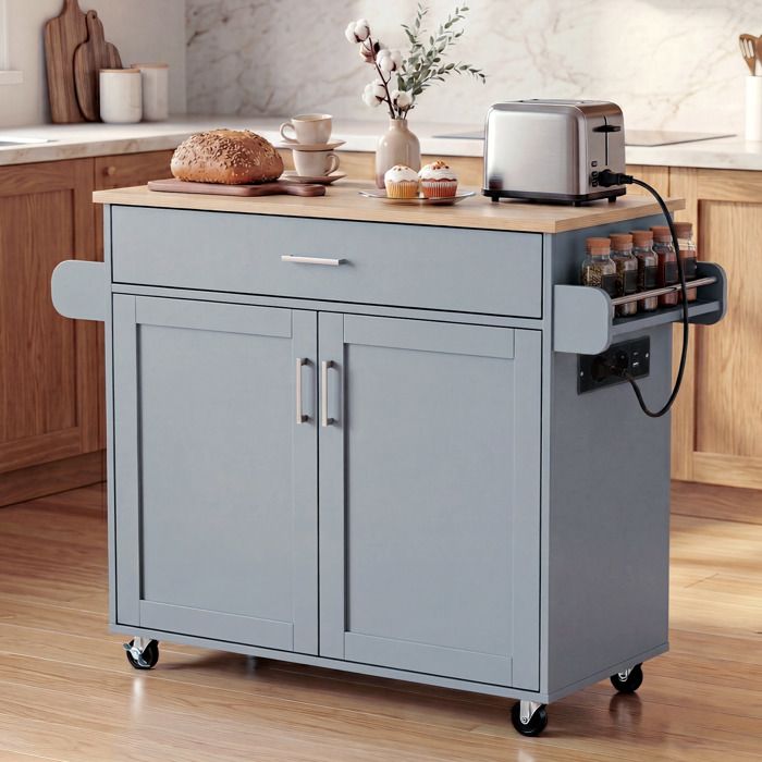 Desserte de Cuisine COSTWAY Multiprise Intégrée 2 Prises AC 2 USB Tiroir Étagère Réglable Porte-épices Porte-serviettes Gris Desserte de Cuisine COSTWAY Multiprise Intégrée 2 Prises AC 2 USB Tiroir Étagère Réglable Porte-épices Porte-serviettes Gris