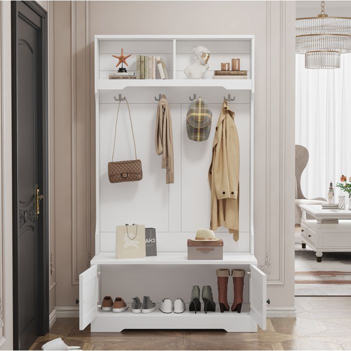 Meuble dentrée avec 2 portes banquette 4 crochets et 2 niches ouvertes - 101 5×47×183 cm - blanc