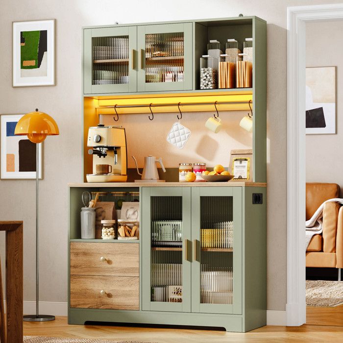 Buffet de cuisine 110x40x178 cm avec LED prises portes en verre trempé crochets et plan de travail vert et bois