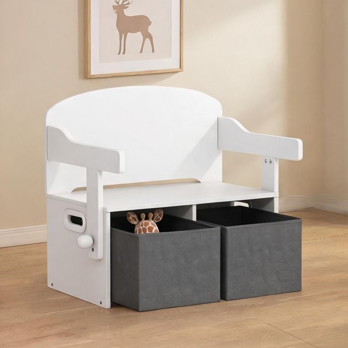 Banc de rangement enfant 3 en 1 convertible en table et chaise MDF blanc 2 bacs tissu 67 5 cm