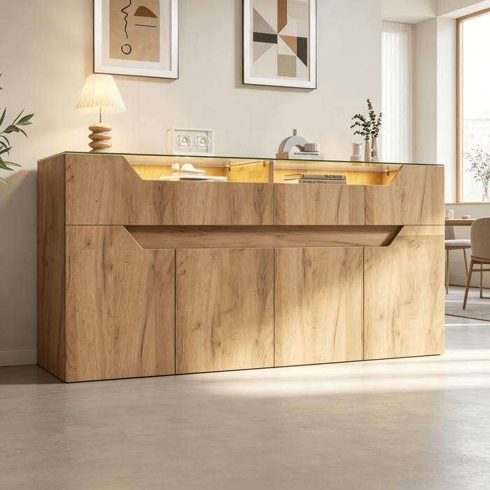 Buffet Bahut 4 portes 2 tiroir LED  140 x 70 x 40 cm  Natural  Rangement  Plateau en Verre à LED Eclairage  Bluetooth