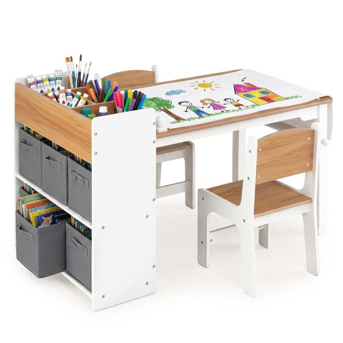 Ensemble Table et Chaises Enfant -COSTWAY-en Bois 3-6 Ans Bureau avec Rouleau Papier Bibliothèque 4 Compartiments 6 Bacs Ensemble Table et Chaises Enfant -COSTWAY-en Bois 3-6 Ans Bureau avec Rouleau Papier Bibliothèque 4 Compartiments 6 Bacs