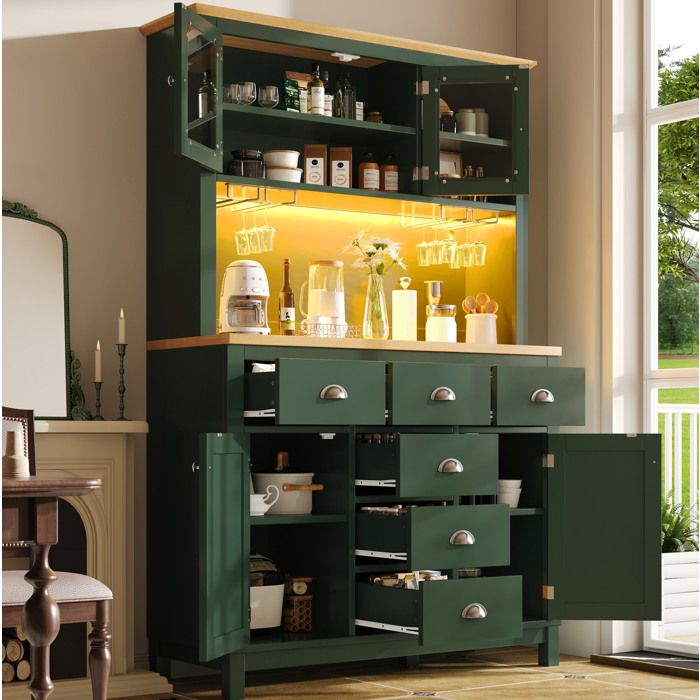 Buffet de cuisine vert 104 x 40 x 180 cm avec LED rangements multiples MDF et métal style campagne ORVRYN