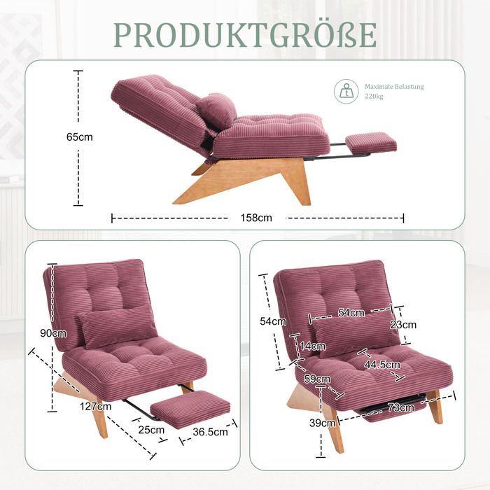 Fauteuil relax - ZEVKOR - Lot de 2 - Velours côtelé rouge bordeaux - Dossier inclinable - Repose-pieds intégré