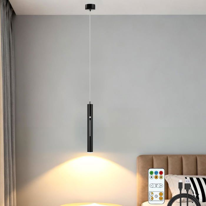 Lustre Cylindrique Noir - 1 Unité - Aluminium et PC - LED Rechargeable USB avec Télécommande - Salon
