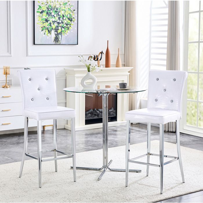 Maisentiel Lot de 2 tabourets de bar blancs en PVC aspect crocodile dossier haut pieds chromés