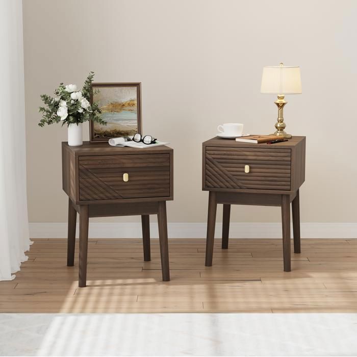 WUVRIE Lot de 2 tables de chevet noyer style Mid-Century Modern 1 tiroir MDF poignées métalliques 40 x 40 x 55 cm