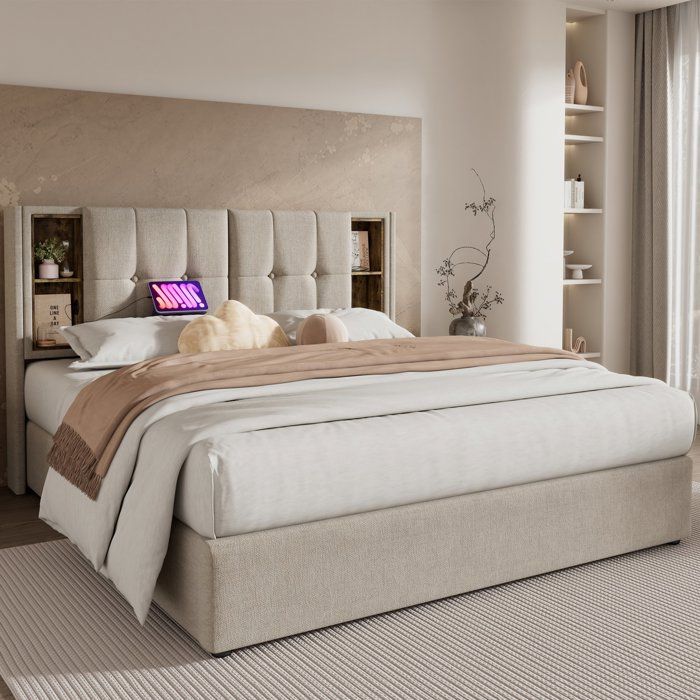 Lit coffre 160x200 en tissu lin naturel structure en bois et métal avec sommier à lattes et rangement intégré