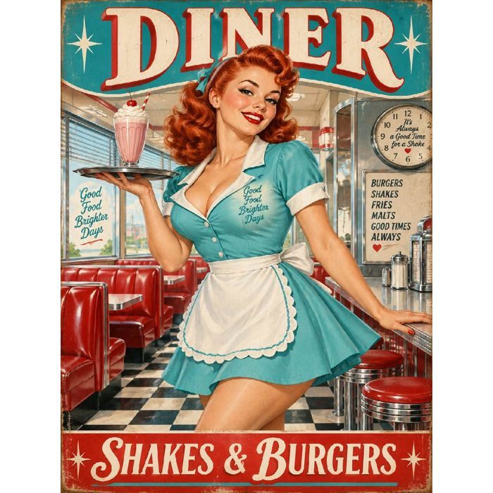 Plaque métal décorative - Plaque Métal Diner Shakes & Burgers – Pin-up Américaine Vintage - 20x30 cm