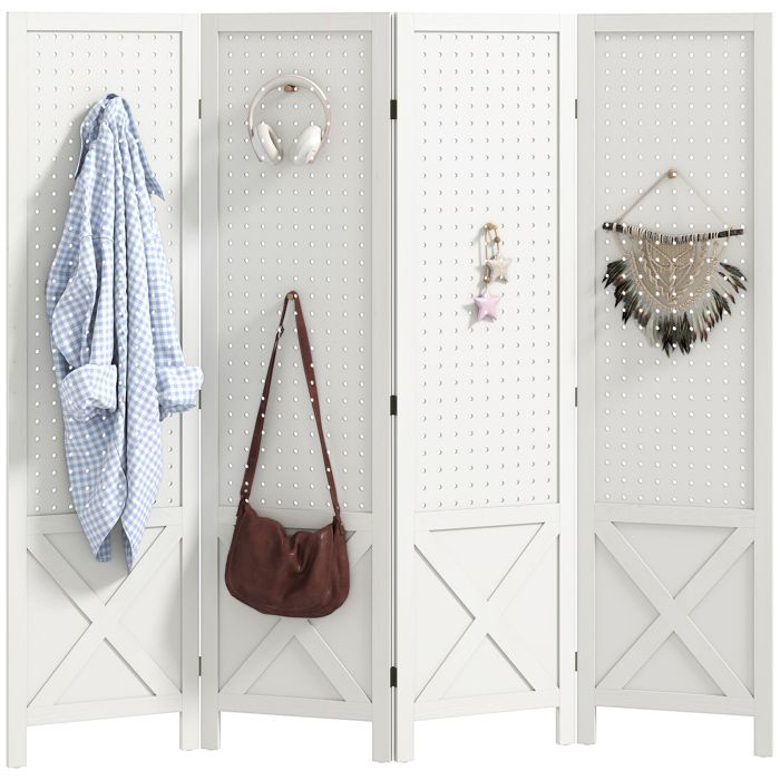 Paravent intérieur 4 panneaux à panneau perforé séparateur de pièce design bois blanc 152 x 1445 cm