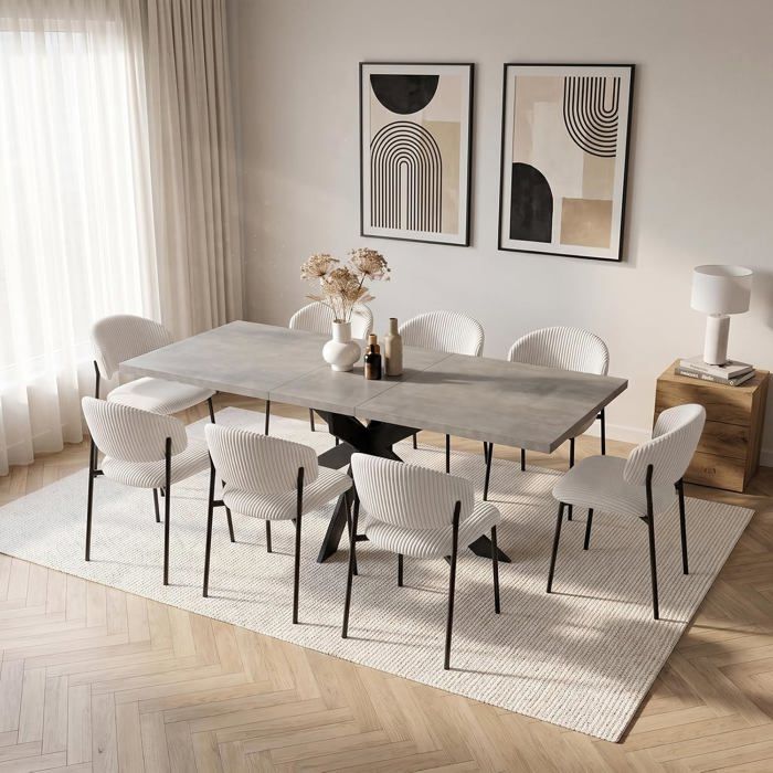JIEXI Ensemble Table à manger extensible (160-200cm) et 8 chaises en velours côtelé blanc