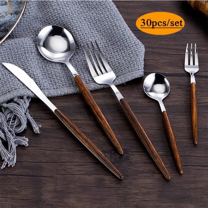 Ménagère 30 Pièces - ANNEFLY - Acier Inoxydable - Manche en Bois - Résistante à la Rouille - Pour 6 Personnes