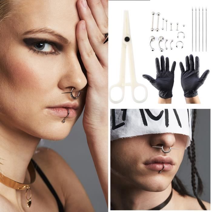 AIZHIYUAN20pcs-Set piercing anneaux clamp gants aiguilles Kit d’outils langue nez ventre bouton bijoux de corps