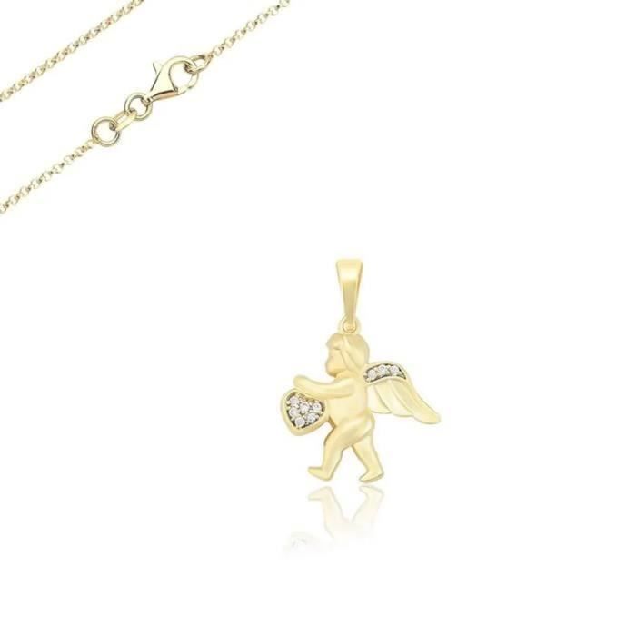 Collier Femme Ange Cœur Cristal – Chaîne Plaqué Or Jaune 41-45 Cm – Neuf Avec étiquettes